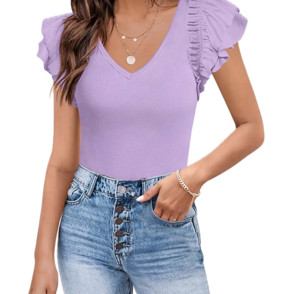 Flutter Sleeve V-Neck Top - Lavender
